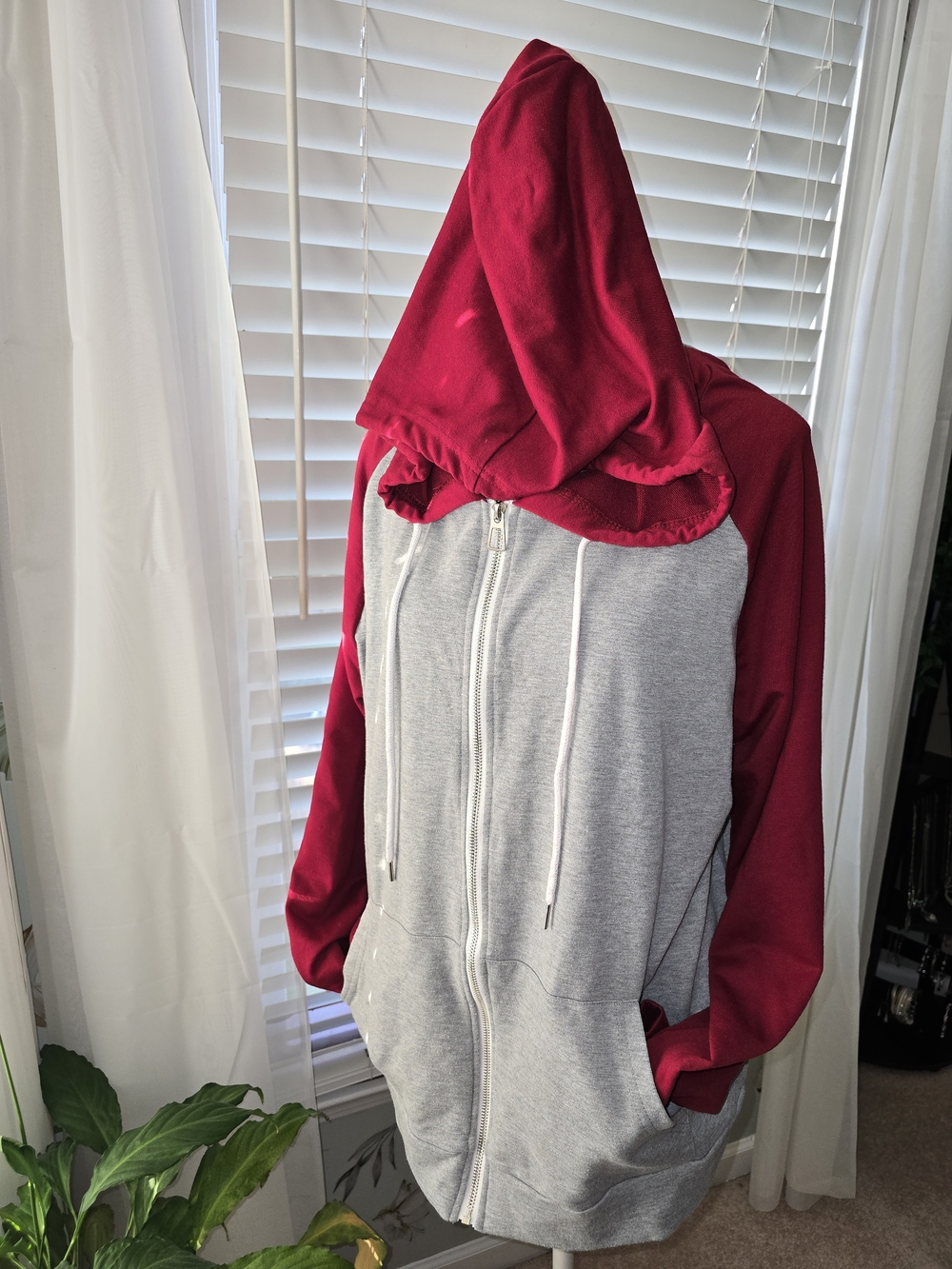 Two-Tone Hoodie Jacket - Red Hood & Sleeves, Gray Body